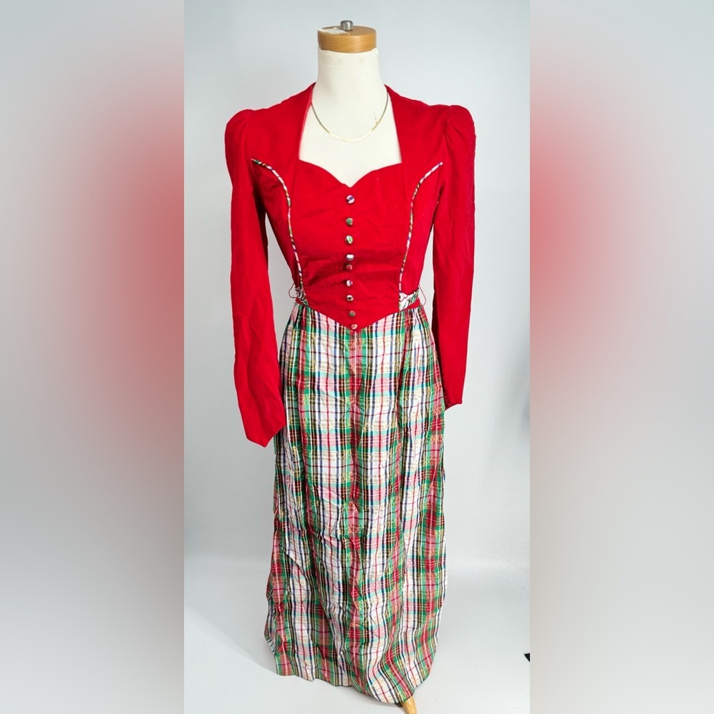 Vintage 1970s, 60s Gay Gibson Christmas Holiday Prairie Plaid Maxi Length Dress